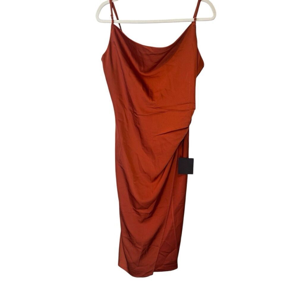Lulus Hollywood Rust Orange Satin Cowl Neck Midi Dress XL Prom Cocktail Date NWT